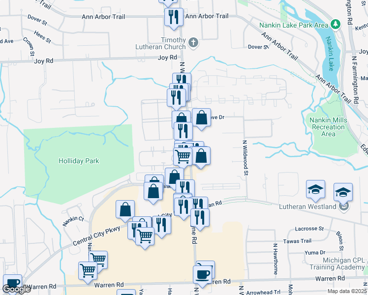 map of restaurants, bars, coffee shops, grocery stores, and more near 8215 North Wayne Road in Westland