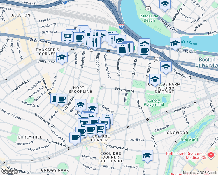 map of restaurants, bars, coffee shops, grocery stores, and more near 217 Freeman Street in Brookline