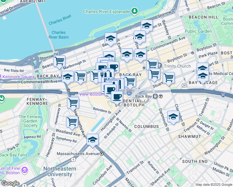 map of restaurants, bars, coffee shops, grocery stores, and more near Massachusetts Turnpike in Boston