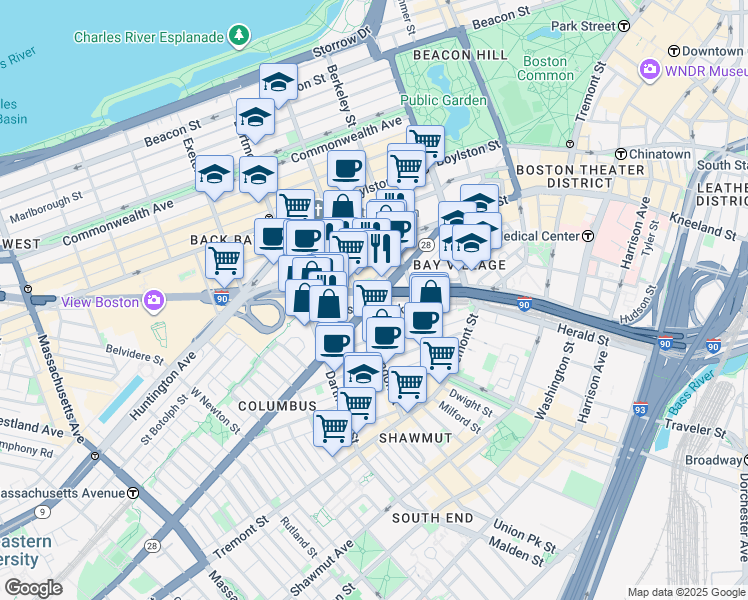 map of restaurants, bars, coffee shops, grocery stores, and more near 200 Columbus Avenue in Boston