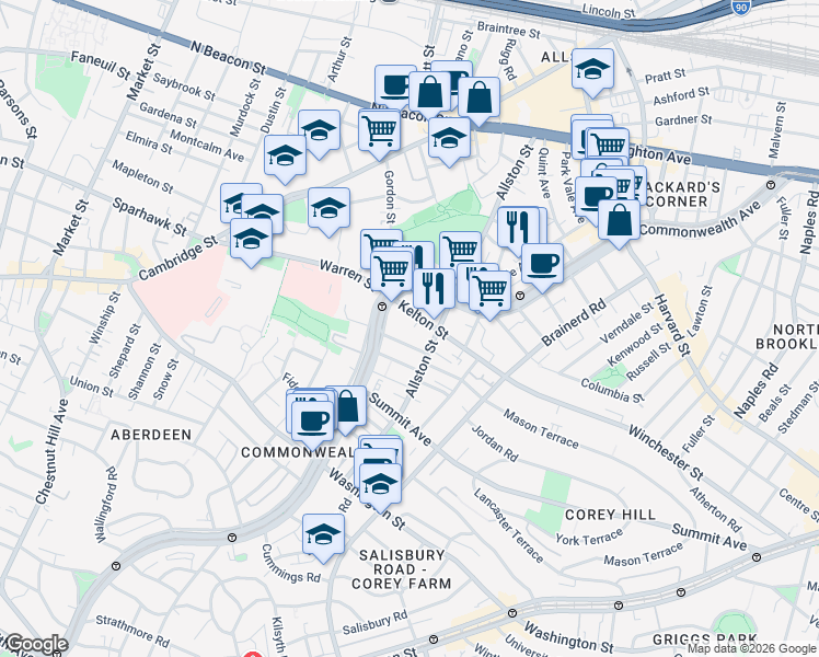 map of restaurants, bars, coffee shops, grocery stores, and more near 153 Kelton Street in Boston