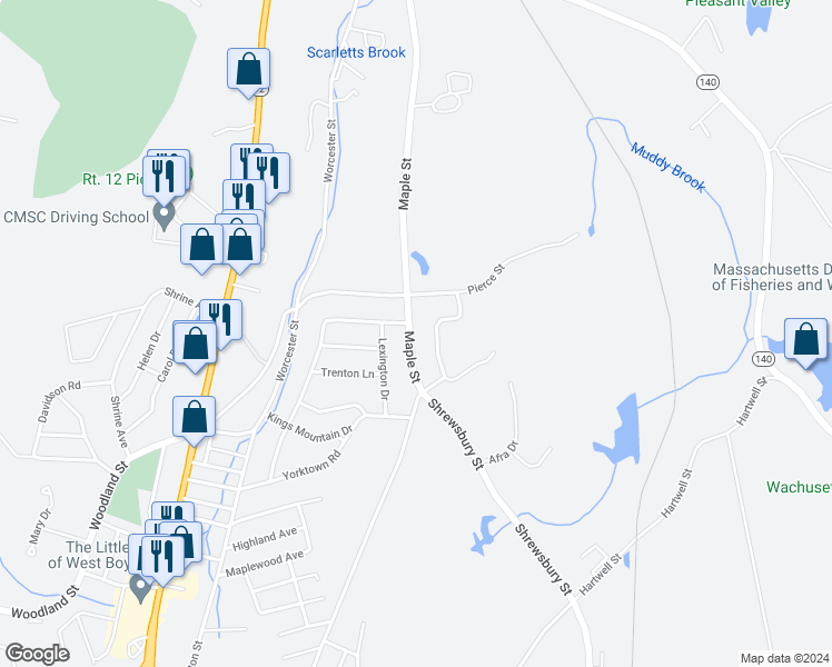 map of restaurants, bars, coffee shops, grocery stores, and more near 171 Maple Street in West Boylston