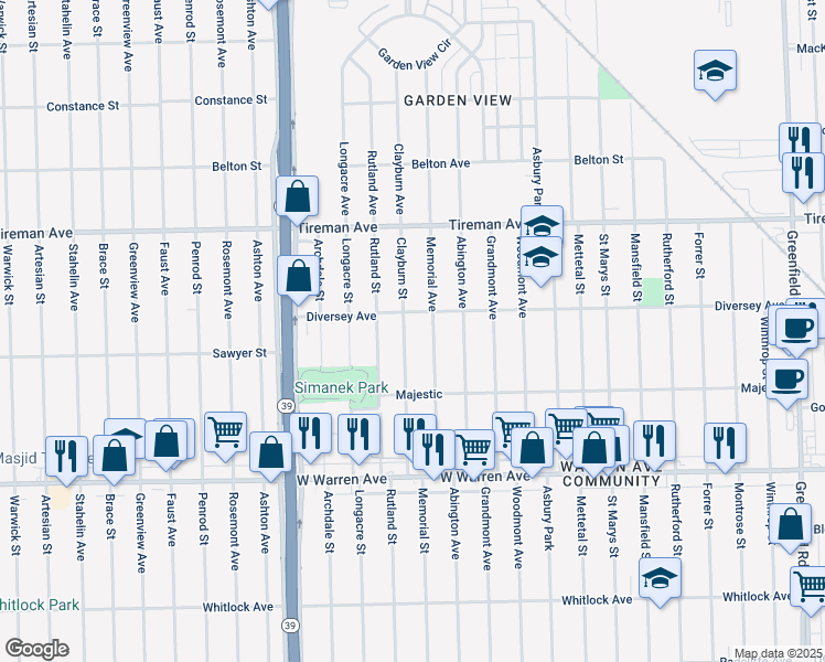 map of restaurants, bars, coffee shops, grocery stores, and more near 7526 Clayburn Street in Detroit