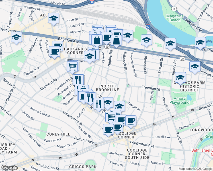 map of restaurants, bars, coffee shops, grocery stores, and more near in Brookline