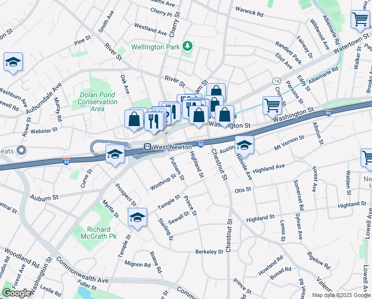map of restaurants, bars, coffee shops, grocery stores, and more near 57 Hunter Street in Newton