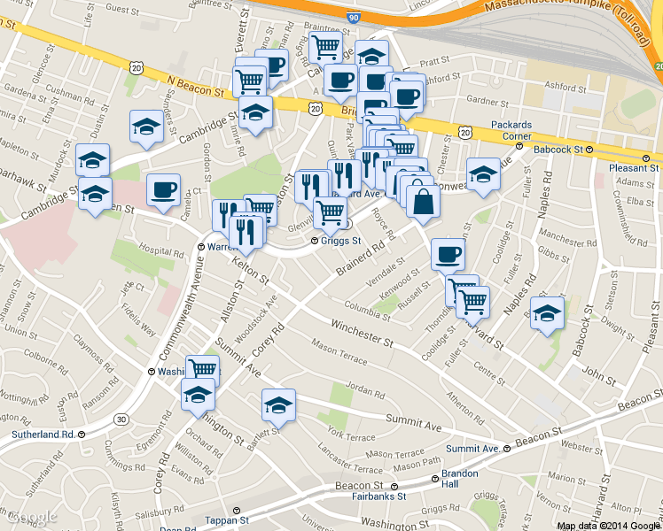 map of restaurants, bars, coffee shops, grocery stores, and more near 1322 Commonwealth Avenue in Boston