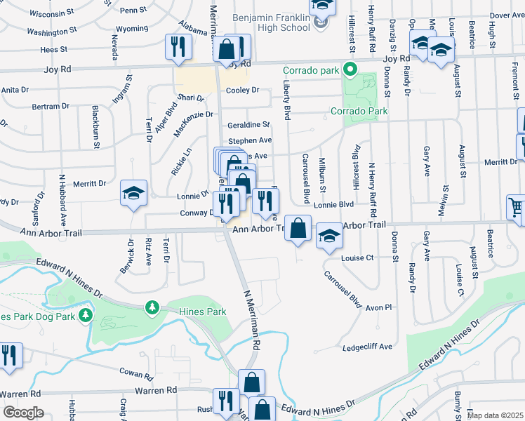 map of restaurants, bars, coffee shops, grocery stores, and more near 8220 Huntington Street in Westland