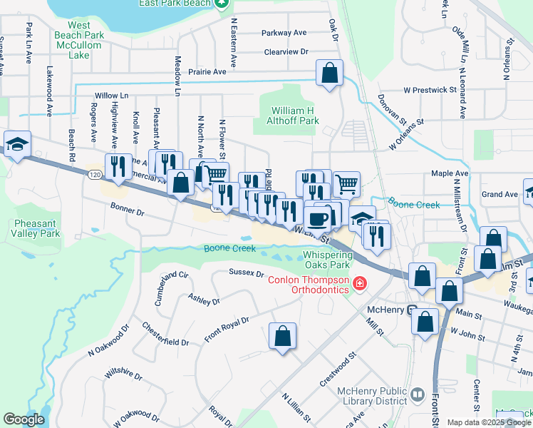 map of restaurants, bars, coffee shops, grocery stores, and more near 4502 West Elm Street in McHenry