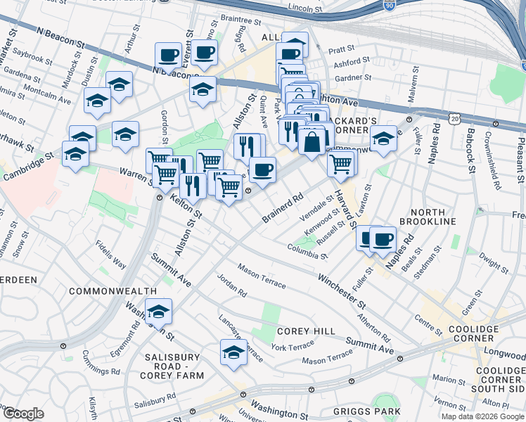 map of restaurants, bars, coffee shops, grocery stores, and more near 75 Brainerd Road in Boston