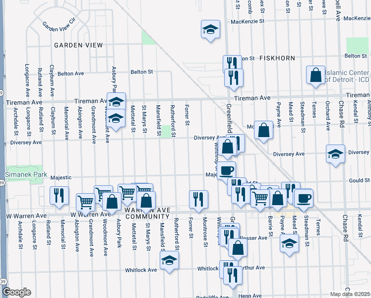 map of restaurants, bars, coffee shops, grocery stores, and more near 7515 Forrer Street in Detroit