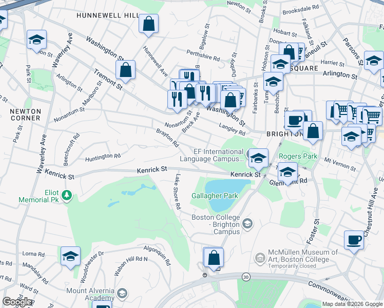 map of restaurants, bars, coffee shops, grocery stores, and more near 53 Brayton Road in Boston