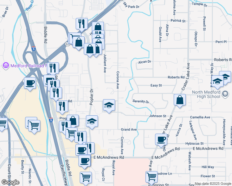 map of restaurants, bars, coffee shops, grocery stores, and more near 1849 Corona Avenue in Medford
