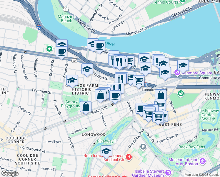 map of restaurants, bars, coffee shops, grocery stores, and more near 7 Euston Street in Brookline