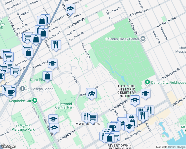 map of restaurants, bars, coffee shops, grocery stores, and more near 2962 Prince Hall Drive in Detroit