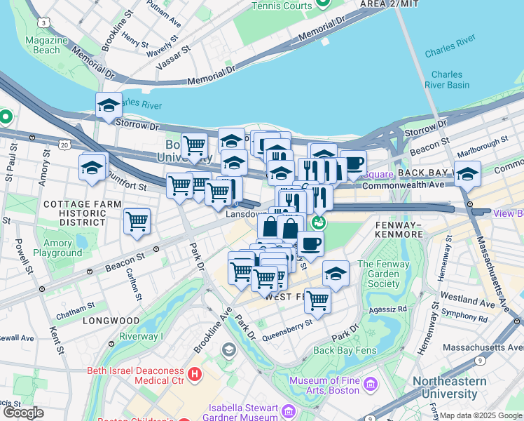 map of restaurants, bars, coffee shops, grocery stores, and more near 775 Beacon Street in Boston