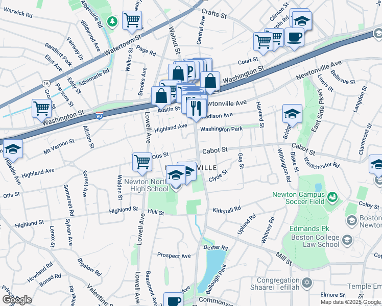 map of restaurants, bars, coffee shops, grocery stores, and more near 391 Walnut Street in Newton