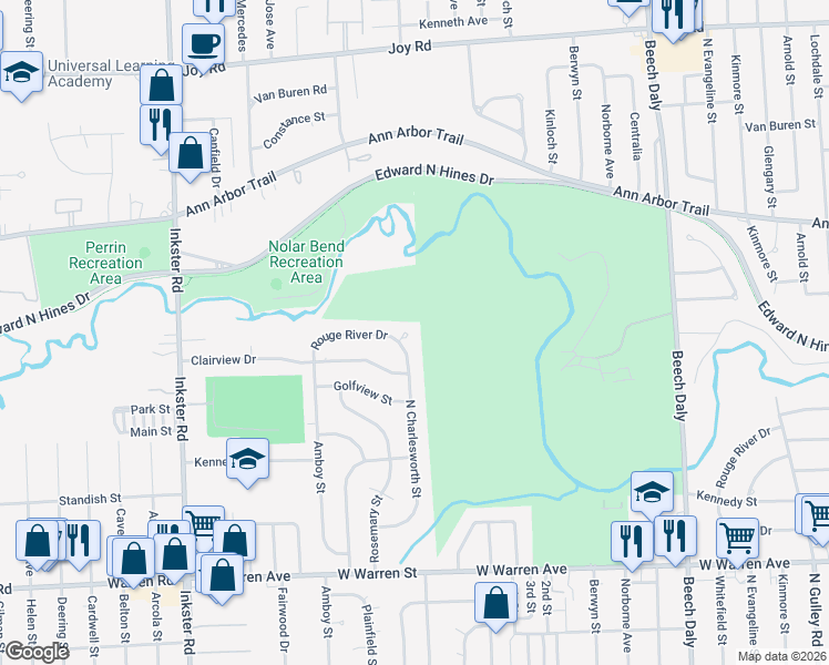 map of restaurants, bars, coffee shops, grocery stores, and more near 26626 Rouge River Drive in Dearborn Heights