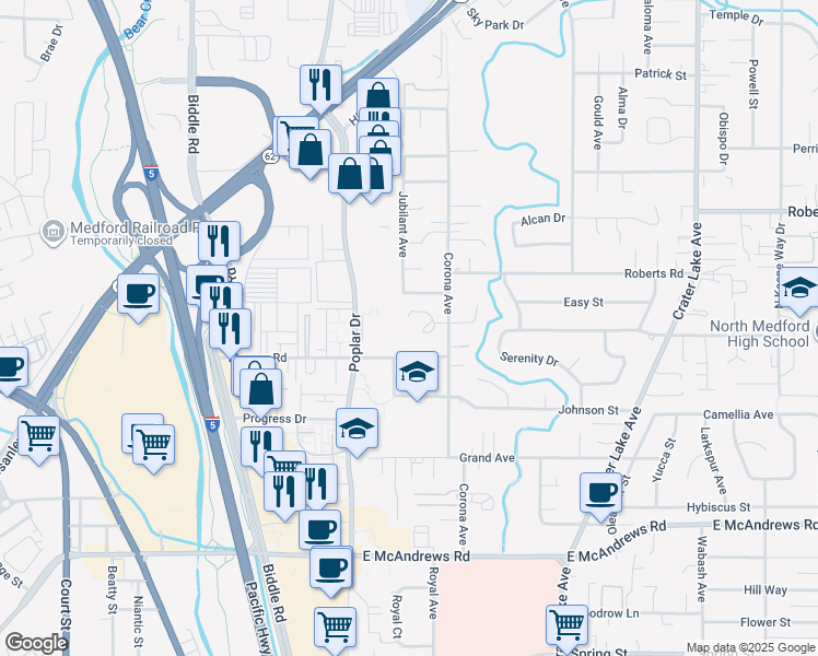map of restaurants, bars, coffee shops, grocery stores, and more near 1441 Morrow Road in Medford