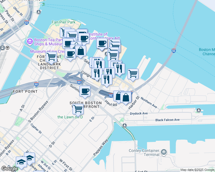 map of restaurants, bars, coffee shops, grocery stores, and more near 600 D Street in Boston