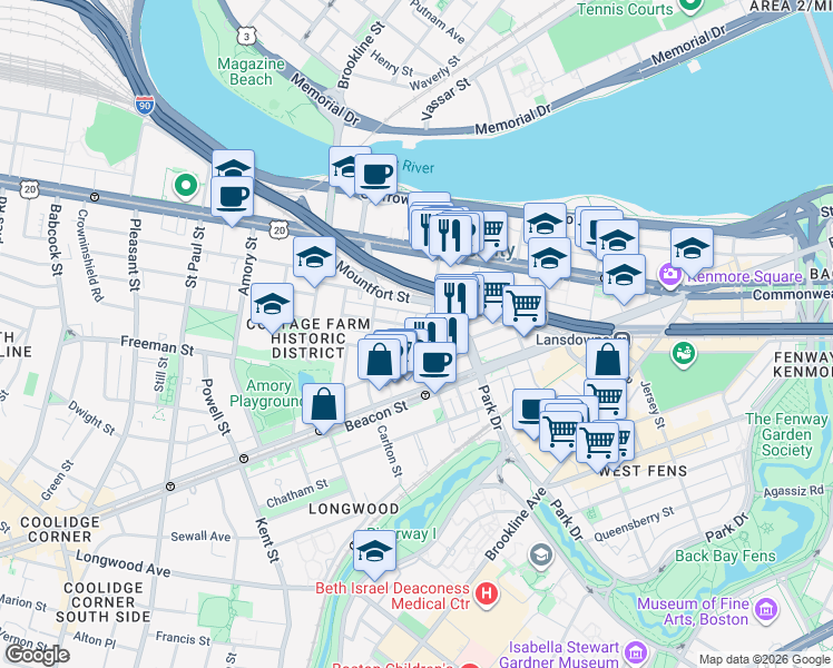 map of restaurants, bars, coffee shops, grocery stores, and more near 7 Euston Street in Brookline