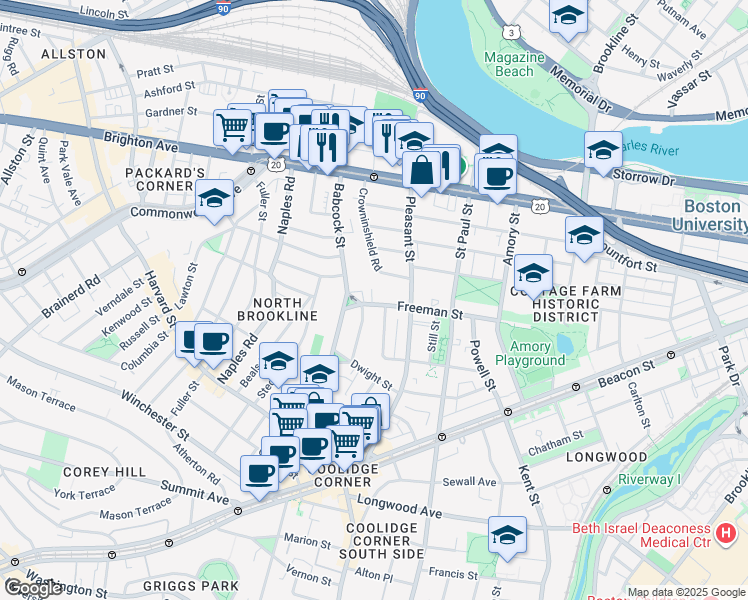 map of restaurants, bars, coffee shops, grocery stores, and more near 217 Freeman Street in Brookline