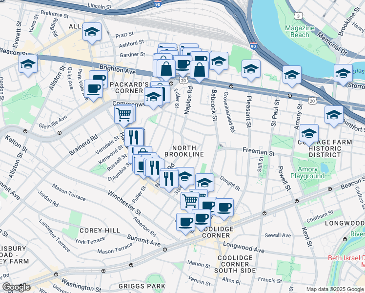 map of restaurants, bars, coffee shops, grocery stores, and more near in Brookline