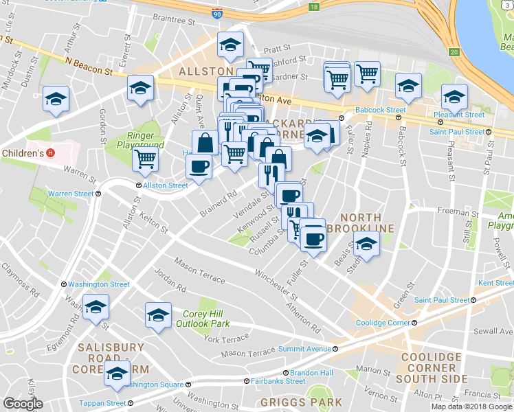 map of restaurants, bars, coffee shops, grocery stores, and more near 16 Verndale Street in Brookline