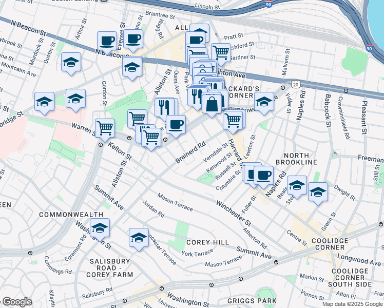 map of restaurants, bars, coffee shops, grocery stores, and more near 65 Brainerd Road in Boston