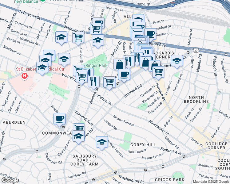 map of restaurants, bars, coffee shops, grocery stores, and more near 1348 Commonwealth Avenue in Boston