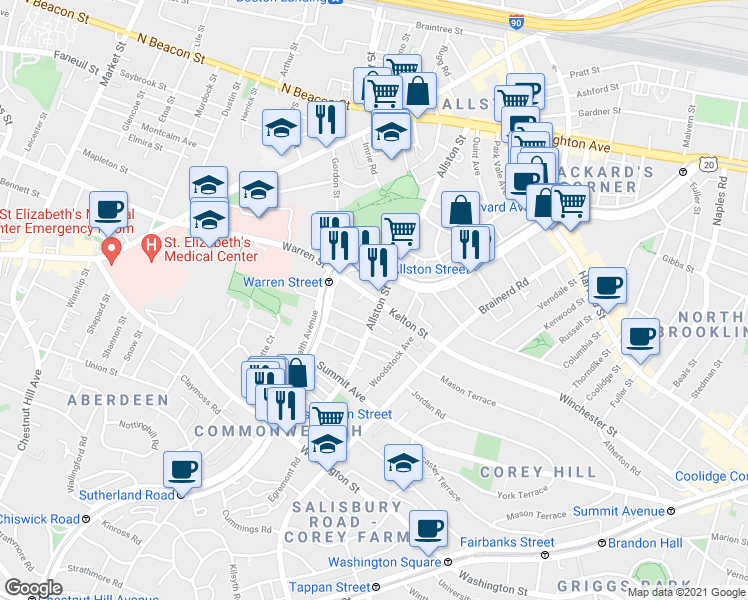 map of restaurants, bars, coffee shops, grocery stores, and more near 164 Kelton Street in Boston