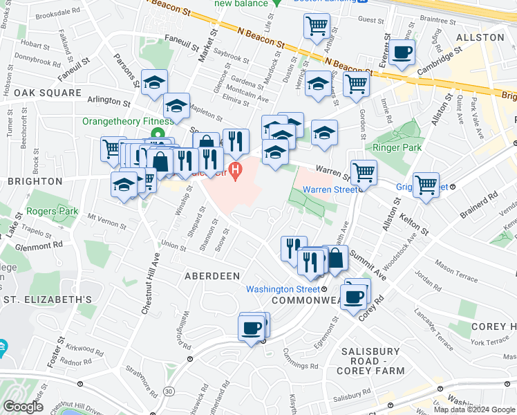 map of restaurants, bars, coffee shops, grocery stores, and more near 181 Washington Street in Boston