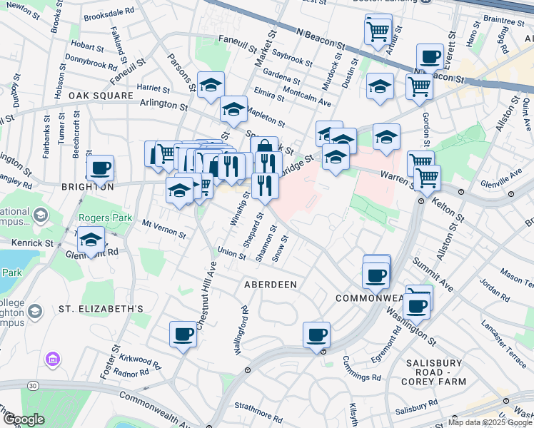 map of restaurants, bars, coffee shops, grocery stores, and more near in Boston