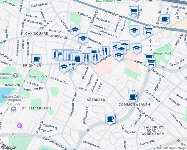 map of restaurants, bars, coffee shops, grocery stores, and more near in Boston