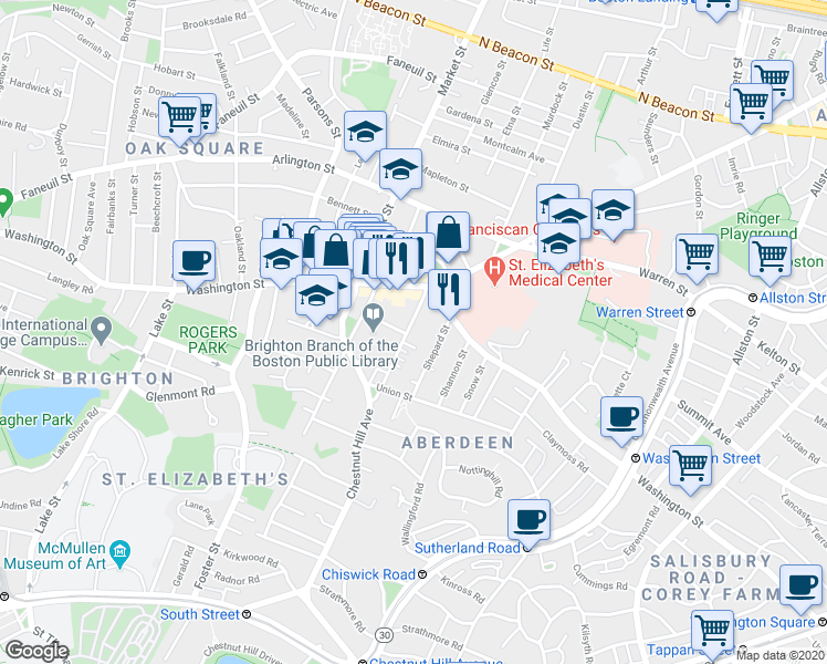 map of restaurants, bars, coffee shops, grocery stores, and more near 18 Winship Street in Boston