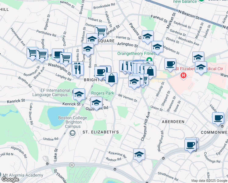 map of restaurants, bars, coffee shops, grocery stores, and more near 24 Shanley Street in Boston