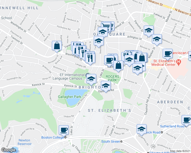 map of restaurants, bars, coffee shops, grocery stores, and more near 226 Lake Street in Boston