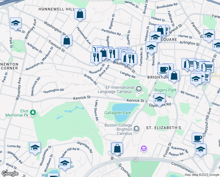 map of restaurants, bars, coffee shops, grocery stores, and more near 48 South Crescent Circuit in Boston