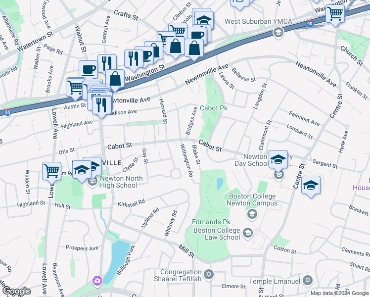 map of restaurants, bars, coffee shops, grocery stores, and more near 226-228 Cabot Street in Newton