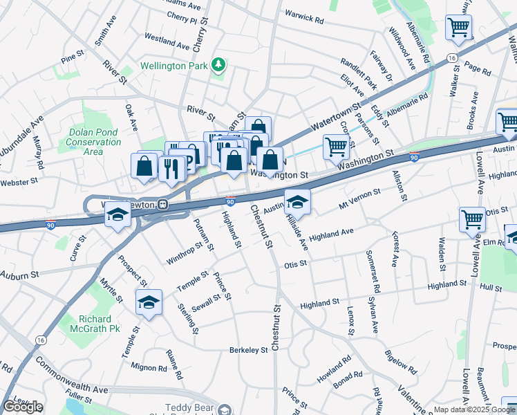 map of restaurants, bars, coffee shops, grocery stores, and more near 68 Chestnut Street in Newton