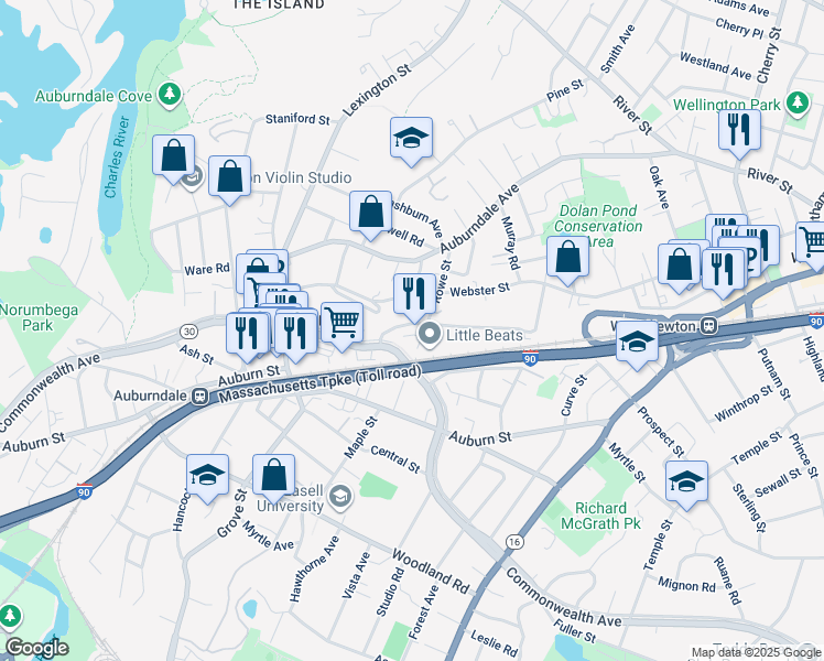 map of restaurants, bars, coffee shops, grocery stores, and more near 115 Rowe Street in Newton