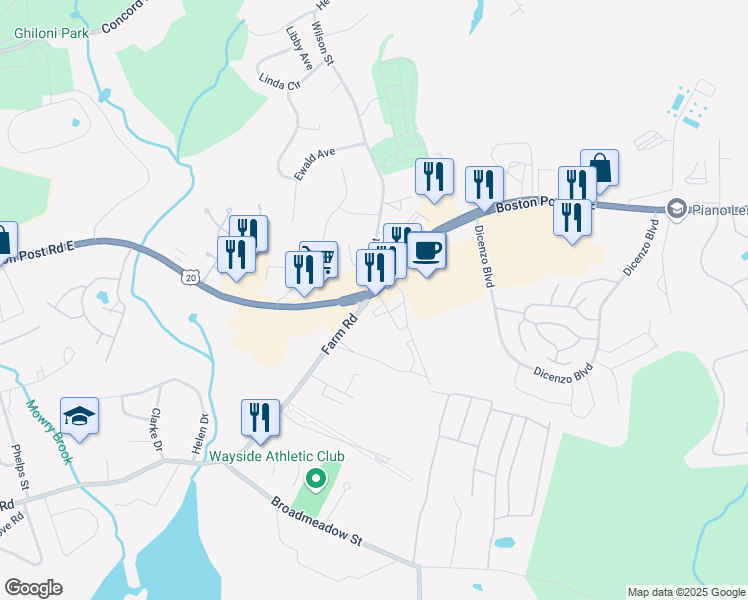 map of restaurants, bars, coffee shops, grocery stores, and more near 449 Boston Post Road East in Marlborough