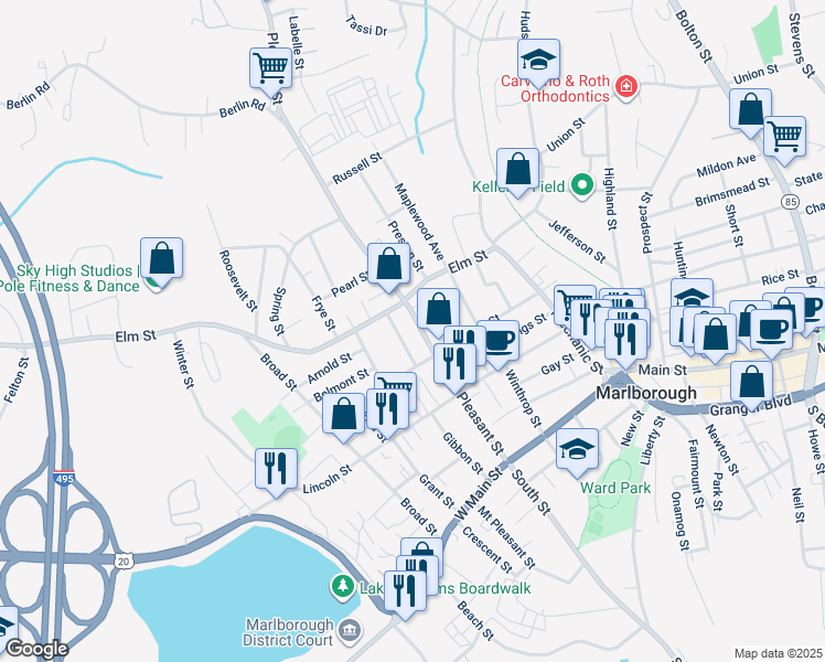 map of restaurants, bars, coffee shops, grocery stores, and more near 43 Franklin Street in Marlborough