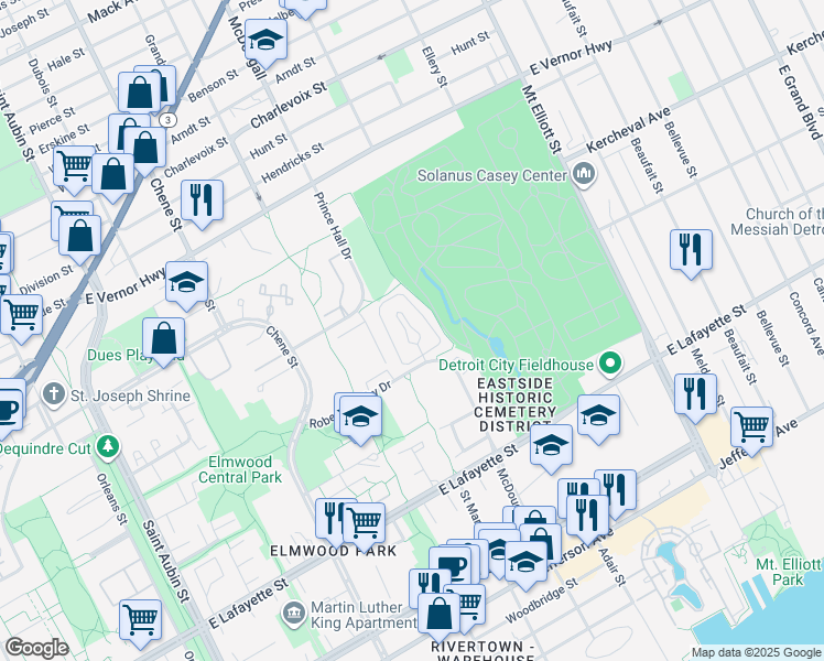 map of restaurants, bars, coffee shops, grocery stores, and more near 1440 Robert Bradby Drive in Detroit