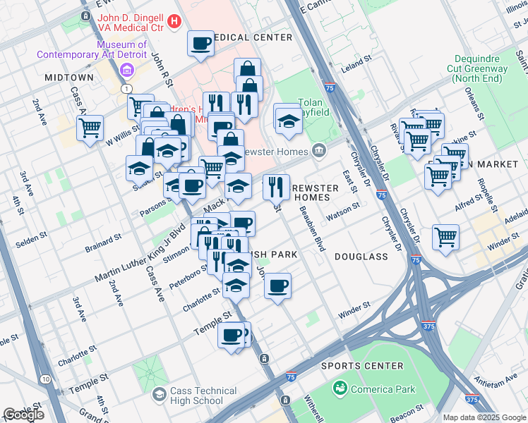 map of restaurants, bars, coffee shops, grocery stores, and more near 290 Eliot Street in Detroit