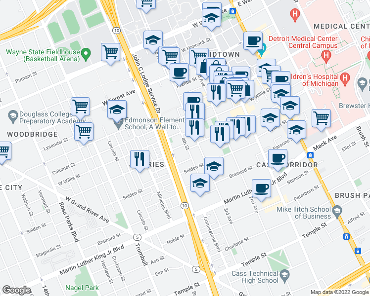 map of restaurants, bars, coffee shops, grocery stores, and more near 4105 4th Street in Detroit