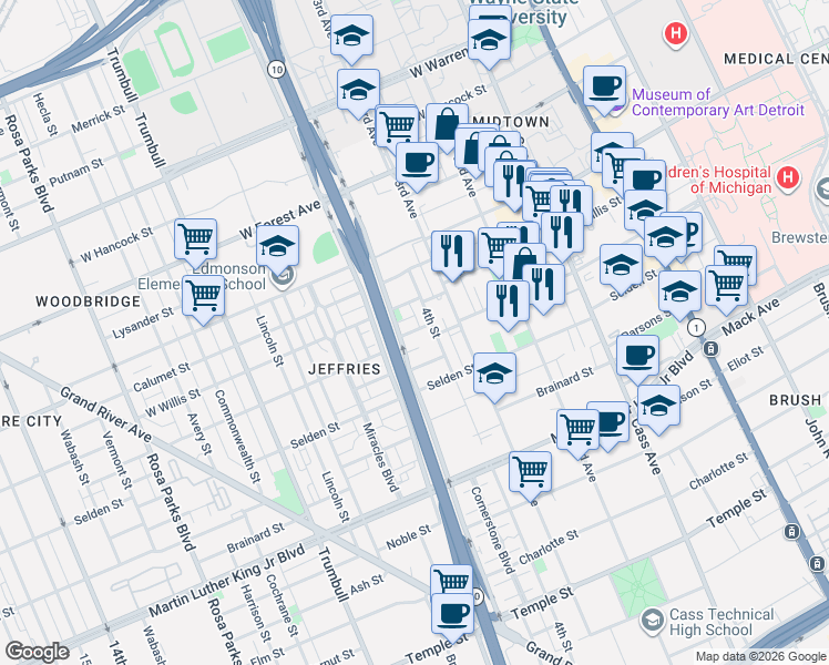 map of restaurants, bars, coffee shops, grocery stores, and more near 4105 4th Street in Detroit