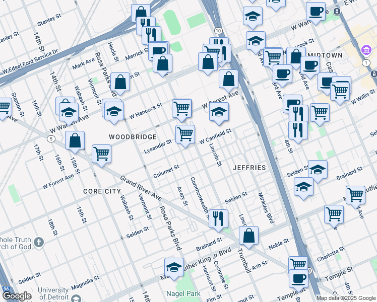 map of restaurants, bars, coffee shops, grocery stores, and more near 4420 Commonwealth Street in Detroit