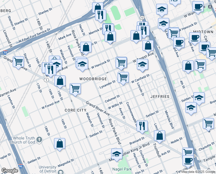 map of restaurants, bars, coffee shops, grocery stores, and more near 4446 Avery Street in Detroit