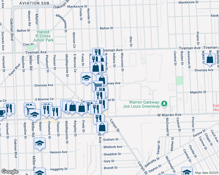 map of restaurants, bars, coffee shops, grocery stores, and more near 7557 Indiana Street in Dearborn