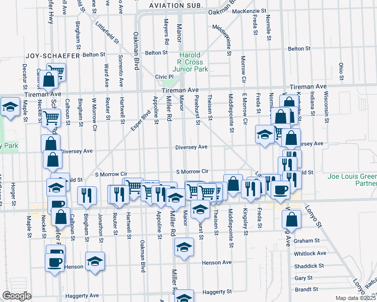 map of restaurants, bars, coffee shops, grocery stores, and more near 7612 Manor in Dearborn